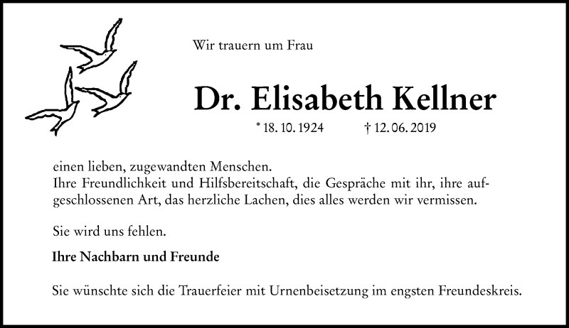 Traueranzeige für Elisabeth Kellner vom 29.06.2019 aus vrm-trauer