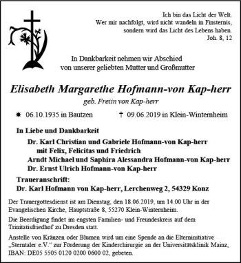 Traueranzeige von Elisabeth Margarethe Hofmann-von Hofmann-von Kap-herr von vrm-trauer
