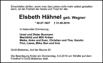 Traueranzeige von Elsbeth Hähnel von vrm-trauer