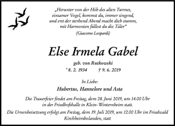 Traueranzeige von Else Irmela Gabel von vrm-trauer