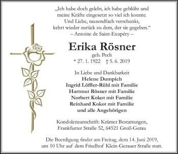 Traueranzeige von Erika Rösner von vrm-trauer