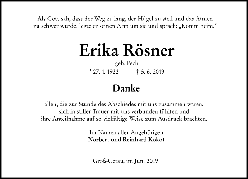  Traueranzeige für Erika Rösner vom 29.06.2019 aus vrm-trauer