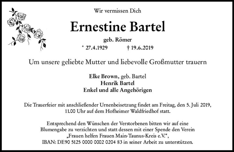  Traueranzeige für Ernestine Bartel vom 28.06.2019 aus vrm-trauer