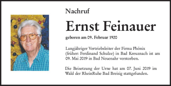 Traueranzeige von Ernst Feinauer von vrm-trauer