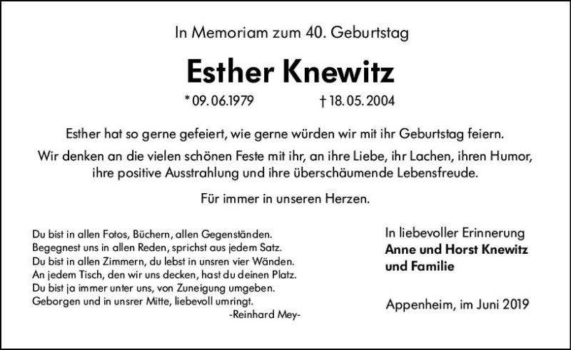  Traueranzeige für Esther Knewitz vom 08.06.2019 aus vrm-trauer