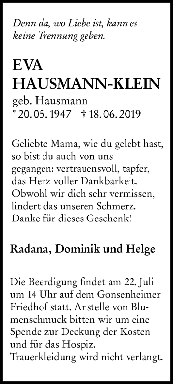 Traueranzeige von Eva Hausmann-Klein von vrm-trauer