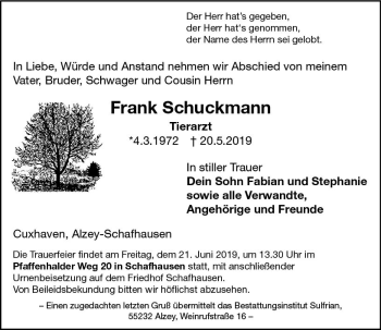 Traueranzeige von Frank Schuckmann von vrm-trauer