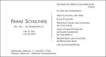 Traueranzeige von Franz Schultheis von vrm-trauer