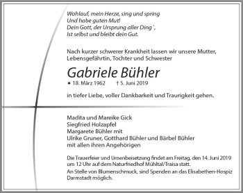 Traueranzeige von Gabriele Bühler von vrm-trauer