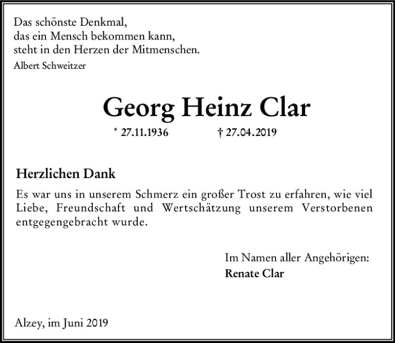  Traueranzeige für Georg Heinz Clar vom 08.06.2019 aus vrm-trauer