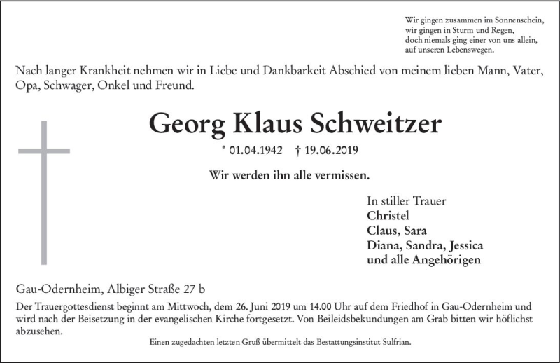  Traueranzeige für Georg Klaus Schweitzer vom 22.06.2019 aus vrm-trauer