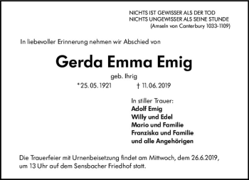 Traueranzeige von Gerda Emma Emig von vrm-trauer