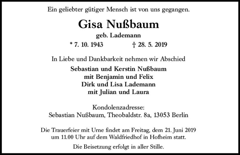  Traueranzeige für Gisa Nußbaum vom 07.06.2019 aus vrm-trauer