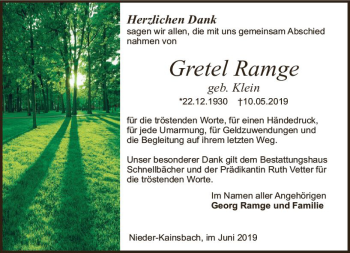 Traueranzeige von Gretel Ramge von vrm-trauer