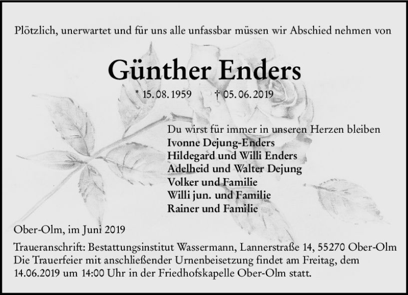  Traueranzeige für Günther Enders vom 08.06.2019 aus vrm-trauer