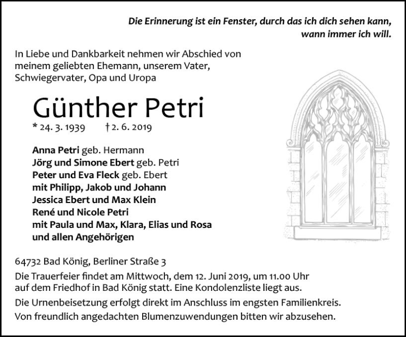  Traueranzeige für Günther Petri vom 08.06.2019 aus vrm-trauer