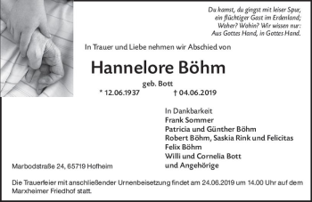 Traueranzeige von Hannelore Böhm von vrm-trauer