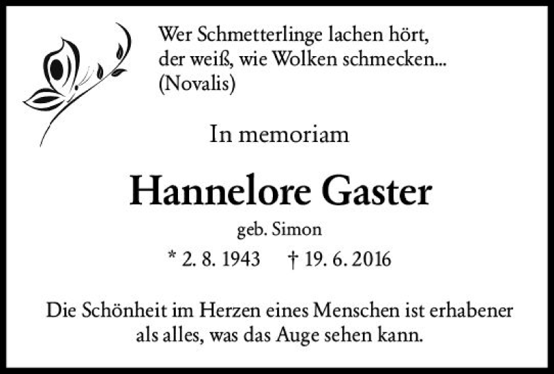  Traueranzeige für Hannelore Gaster vom 19.06.2019 aus vrm-trauer