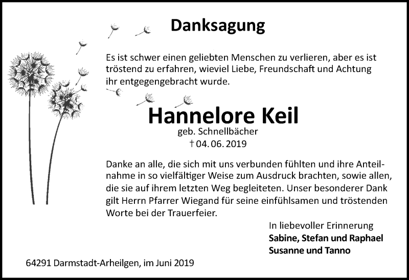  Traueranzeige für Hannelore Keil vom 29.06.2019 aus vrm-trauer