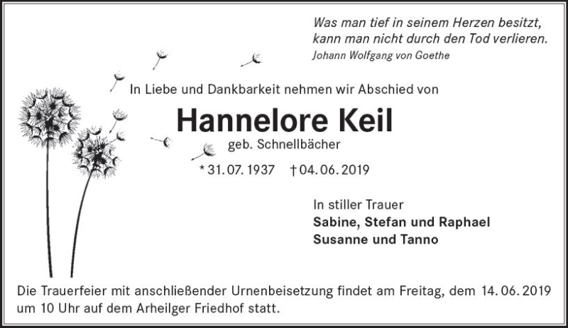 Traueranzeige für Hannelore Keil vom 08.06.2019 aus vrm-trauer