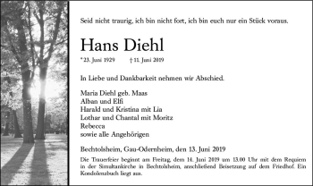 Traueranzeige von Hans Diehl von vrm-trauer
