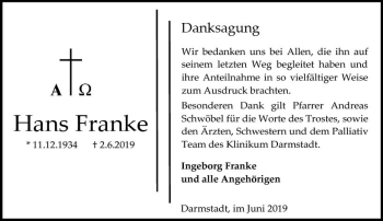 Traueranzeige von Hans Franke von vrm-trauer