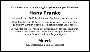 Traueranzeige von Hans Franke von vrm-trauer