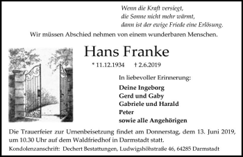 Traueranzeige von Hans Franke von vrm-trauer