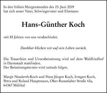 Traueranzeige von Hans-Günther Koch von vrm-trauer