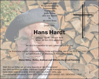Traueranzeige von Hans Hardt von vrm-trauer