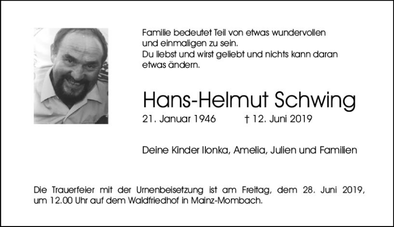  Traueranzeige für Hans-Helmut Schwing vom 22.06.2019 aus vrm-trauer