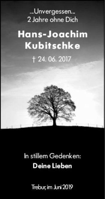 Traueranzeige von Hans-Joachim Kubitschke von vrm-trauer