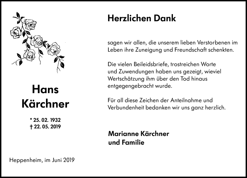  Traueranzeige für Hans Kärcher vom 29.06.2019 aus vrm-trauer