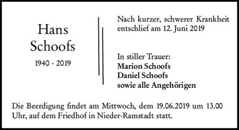  Traueranzeige für Hans Schoofs vom 15.06.2019 aus vrm-trauer