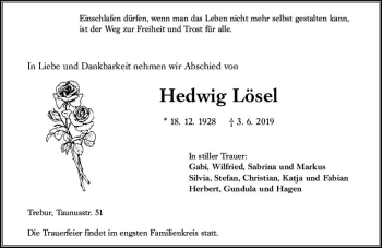 Traueranzeige von Hedwig Lösel von vrm-trauer