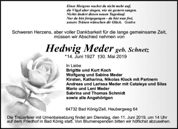Traueranzeige von Hedwig Meder von vrm-trauer