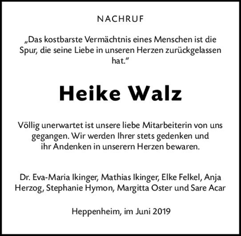  Traueranzeige für Heike Walz vom 18.06.2019 aus vrm-trauer