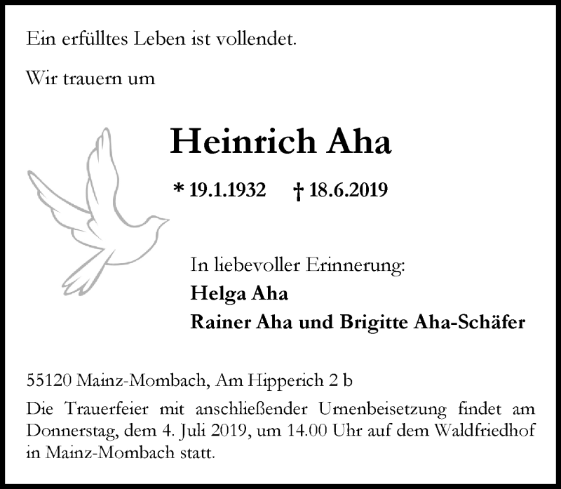  Traueranzeige für Heinrich Aha vom 29.06.2019 aus vrm-trauer