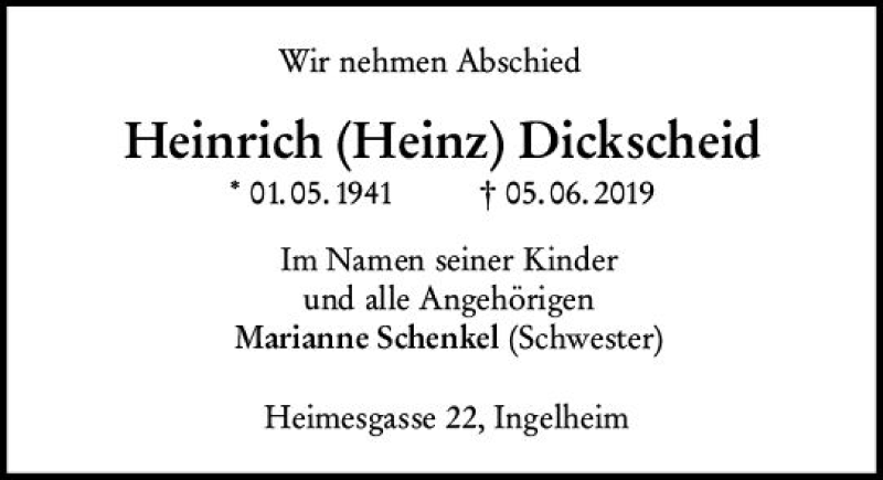  Traueranzeige für Heinrich Dickscheid vom 15.06.2019 aus vrm-trauer