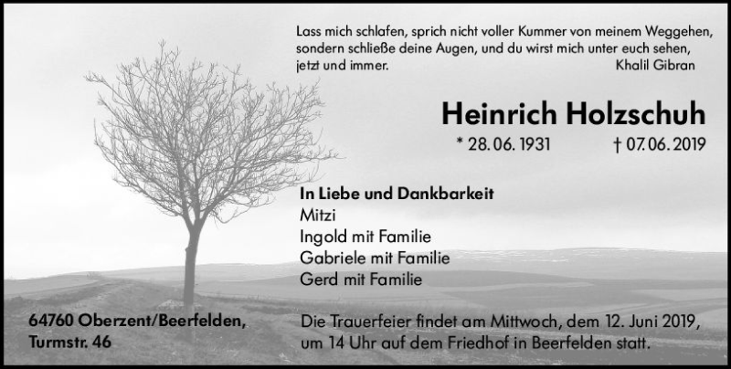  Traueranzeige für Heinrich Holzschuh vom 11.06.2019 aus vrm-trauer