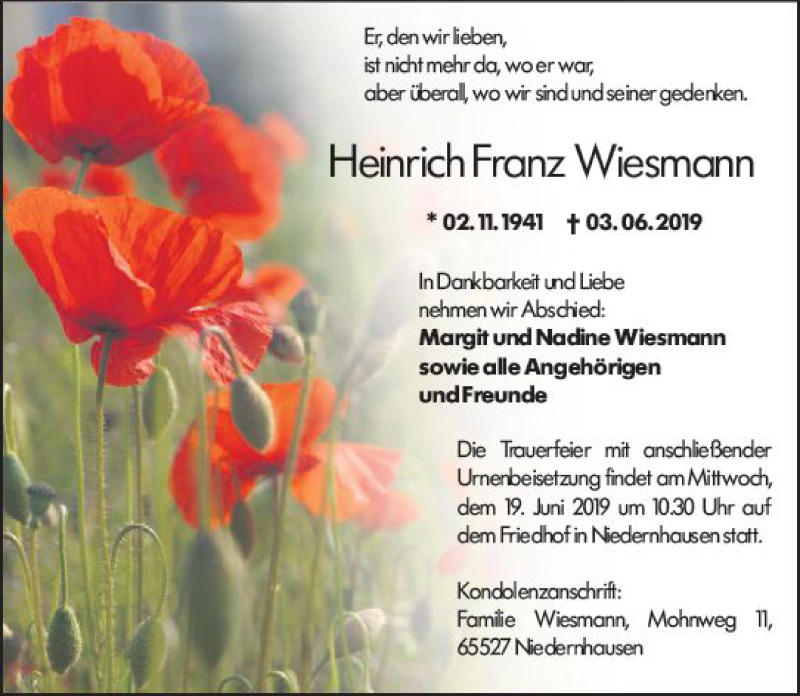  Traueranzeige für Heinrich Franz Wiesmann vom 15.06.2019 aus vrm-trauer