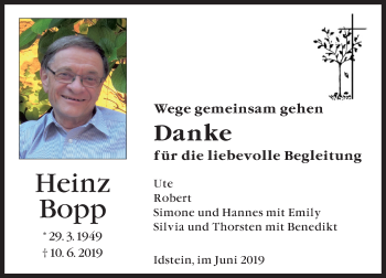Traueranzeige von Heinz Bopp von vrm-trauer