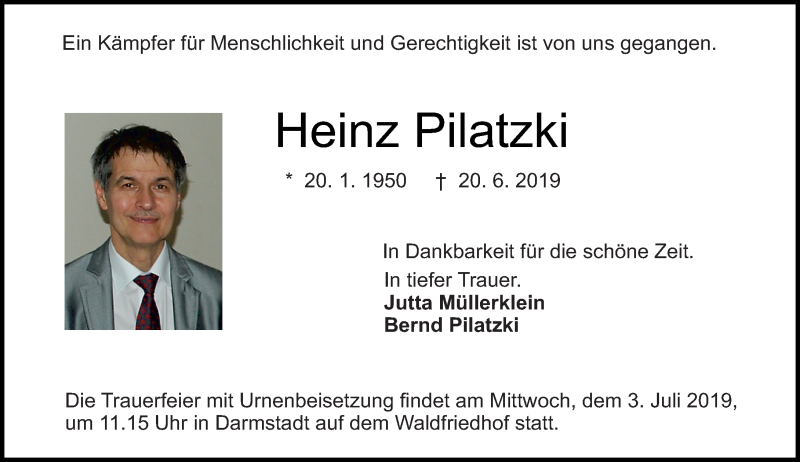  Traueranzeige für Heinz Pilatzki vom 29.06.2019 aus vrm-trauer