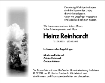 Traueranzeige von Heinz Reinhardt von vrm-trauer