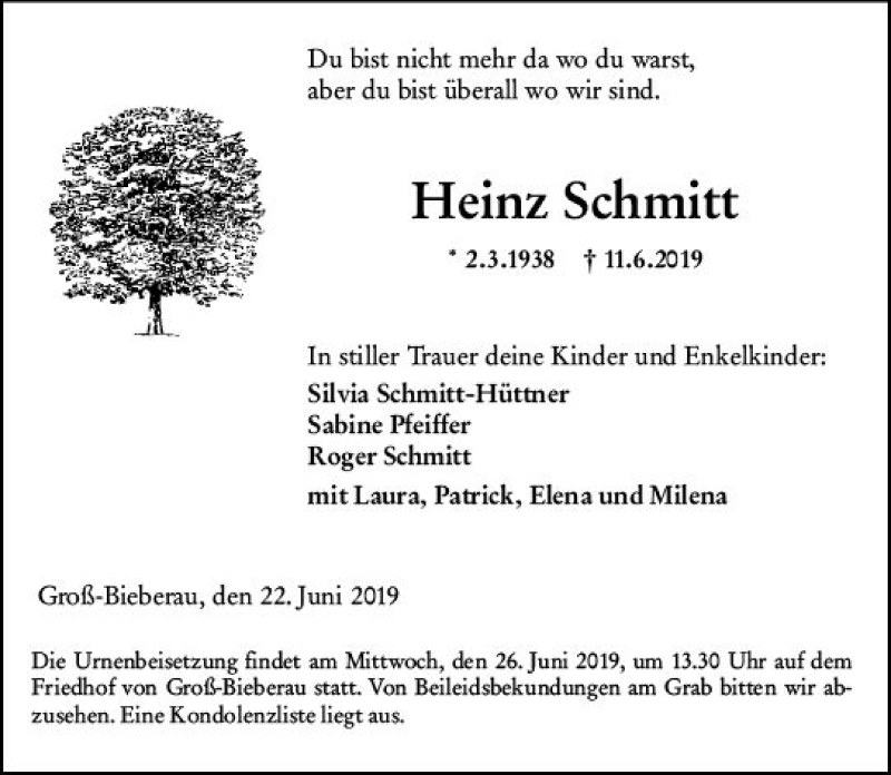  Traueranzeige für Heinz Schmitt vom 22.06.2019 aus vrm-trauer