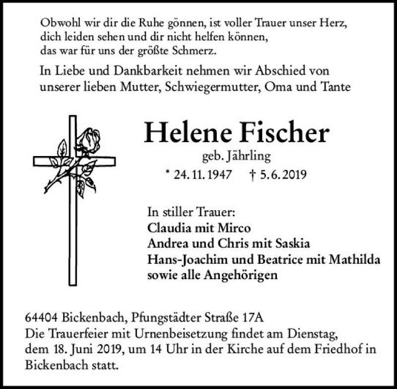  Traueranzeige für Helene Fischer vom 15.06.2019 aus vrm-trauer