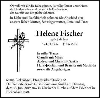 Traueranzeige von Helene Fischer von vrm-trauer