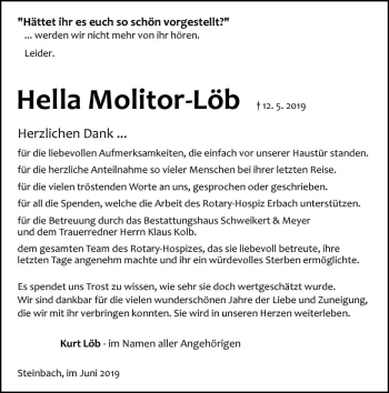 Traueranzeige von Hella Molitor-Löb von vrm-trauer