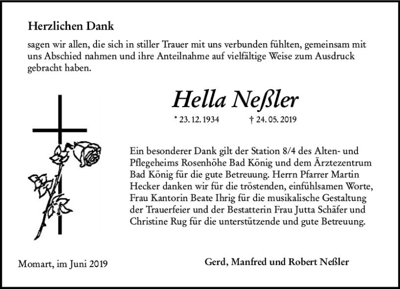  Traueranzeige für Hella Neßler vom 15.06.2019 aus vrm-trauer
