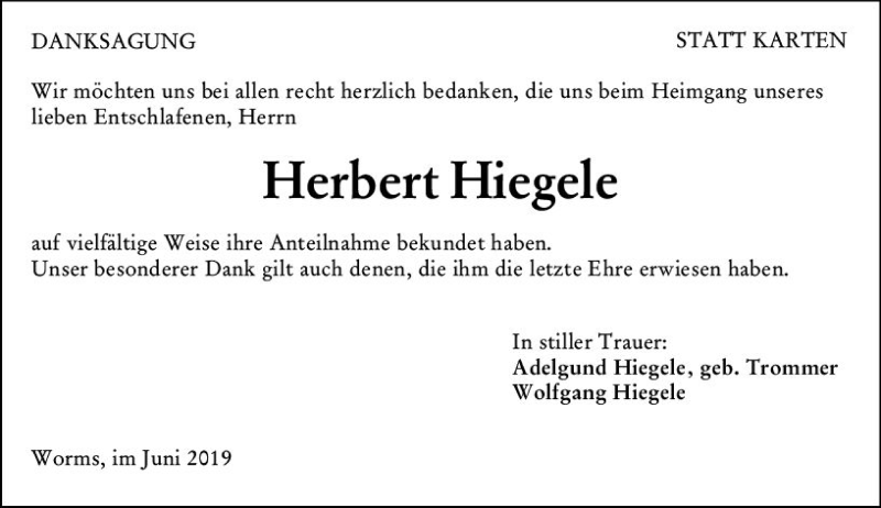  Traueranzeige für Herbert Hiegele vom 05.06.2019 aus vrm-trauer